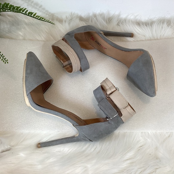 JUSTFAB DOUBLE ANKLE STRAP STILETTO POINT TOE HEELS GREY SZ 7.5 - Picture 2 of 10
